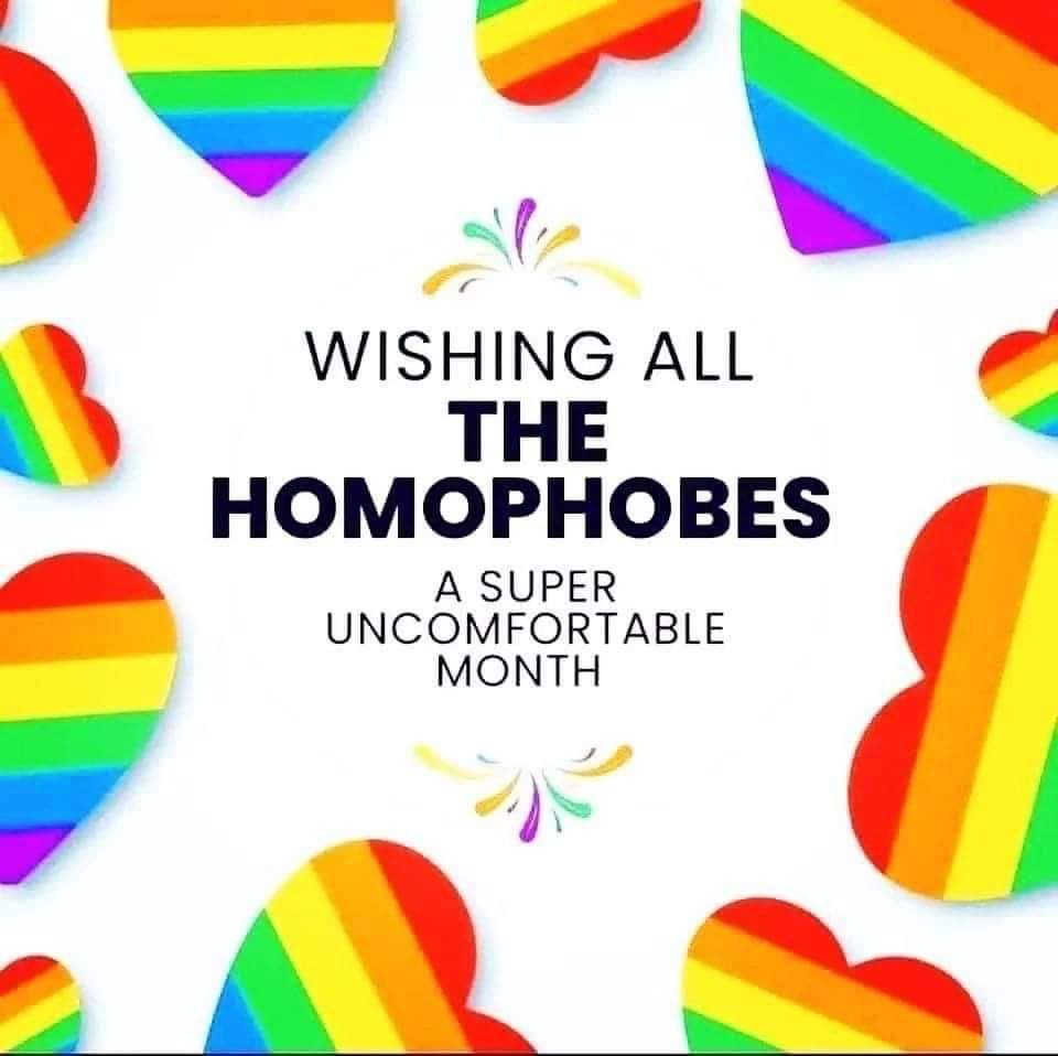 White background with rainbow hearts surrounding the text that says “wishing all the homophobes a super uncomfortable month” 