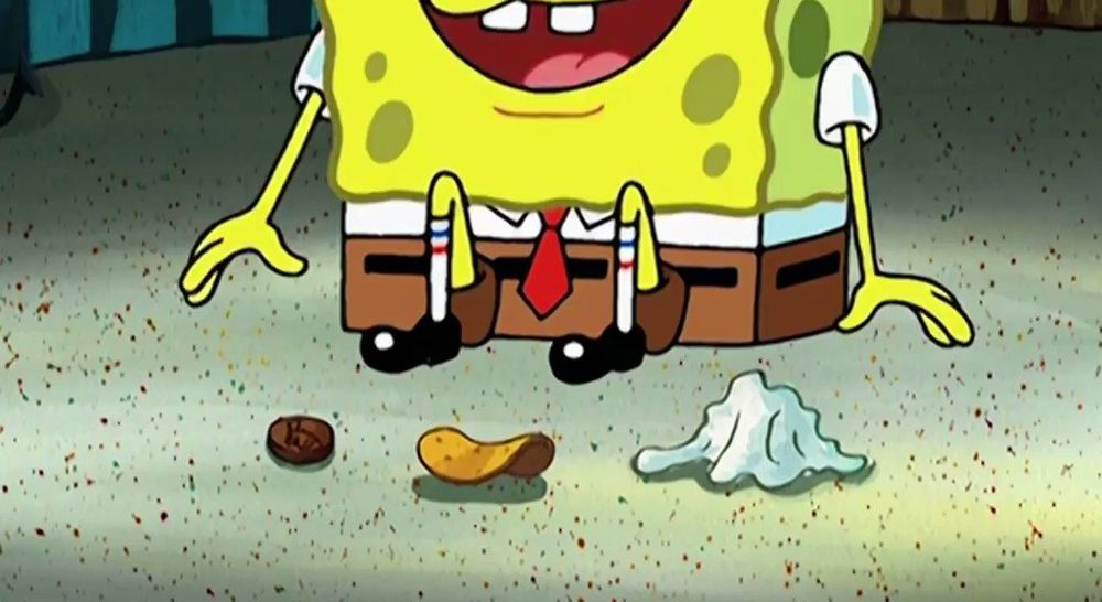A screenshot of SpongeBob SquarePants during the episode that he hangs out with his 3 friends: Penny (like the coin), chip (like an actual chip you eat), and a used napkin 