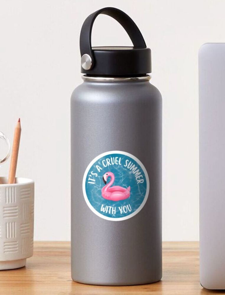 Circular sticker with a pool water background with a flamingo pool float over it with text that reads “it’s a cruel summer with you” displayed on a gray water bottle