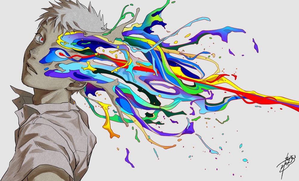 ヒカルの左目からカラフルな液体状のグラフィックが飛び出しているイラスト