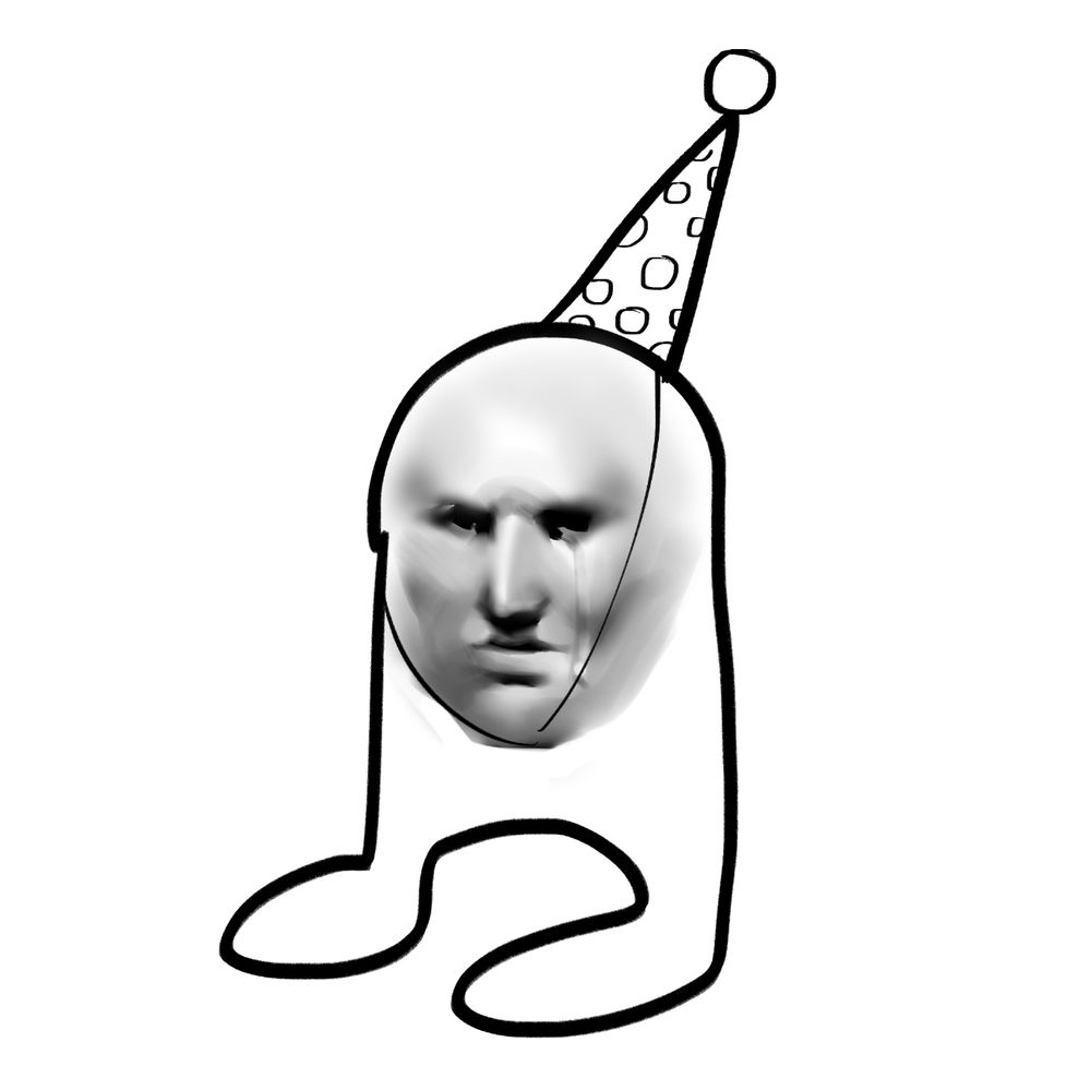 thing with a human face, unrendered legs and a party hat, crying