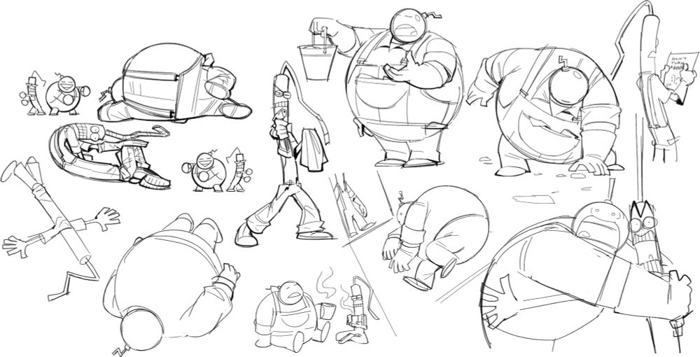 an uncolored doodle dump of an anthropomorphic stick of dynamite and fuse bomb duo in cleaner attire