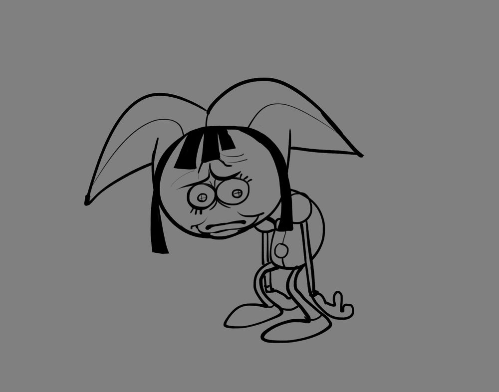 a rather upset looking pomni (the amazing digital circus) hunched over in a blank grey void