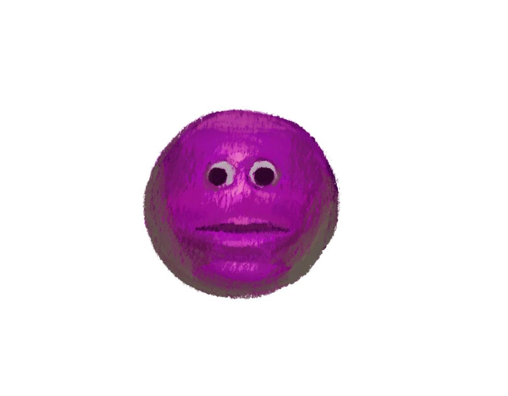 magenta orb with human lips and googly eyes