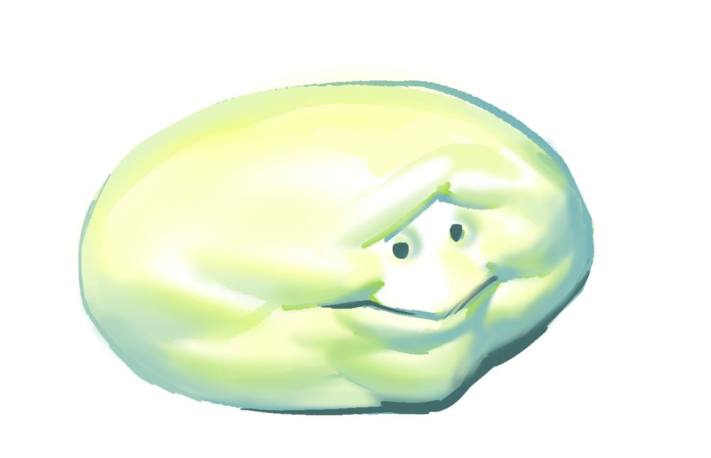 nervously smiling blob with green-blue sheen
