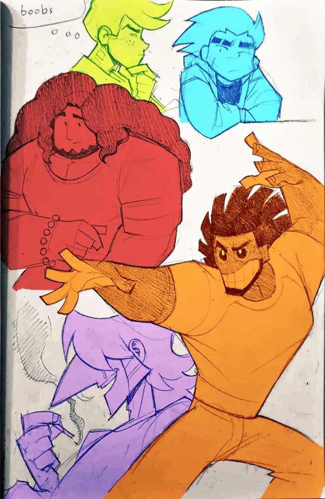 digitally colored traditional sketch of the quintessentials in various positions