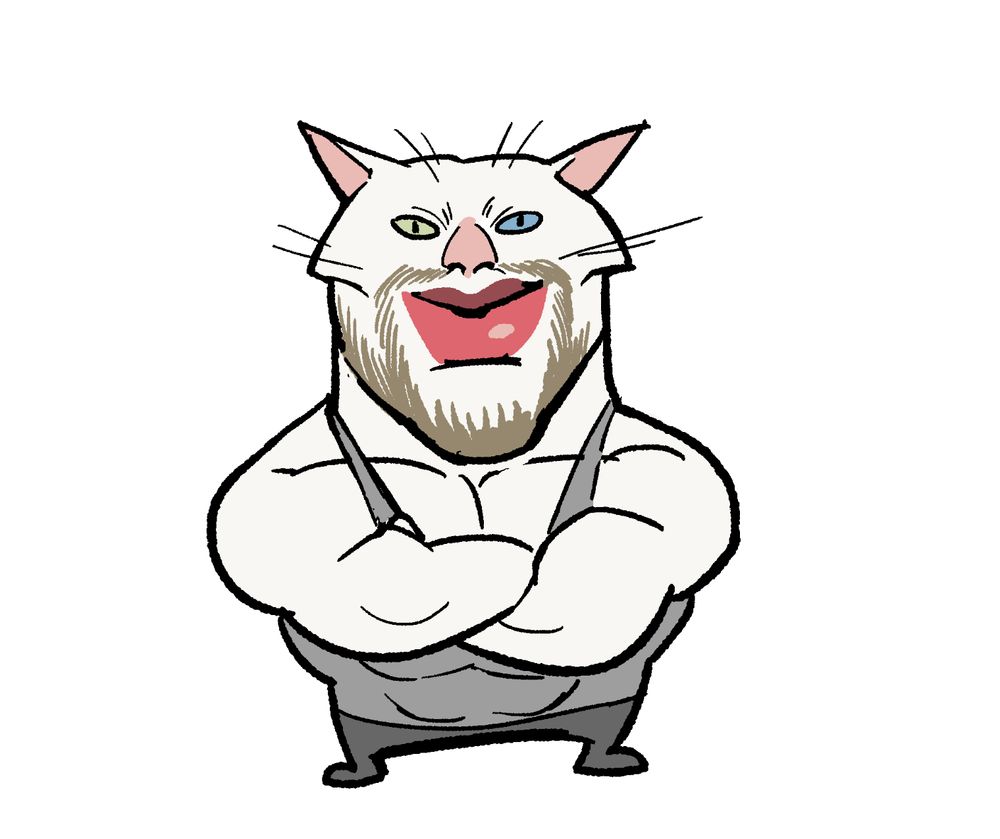 a stumpy muscular cat-man-thing with a very defined jaw and massive lips