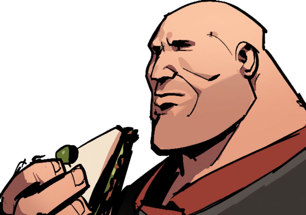 close up shot of heavy weapons guy (team fortress 2) pondering life as he holds a sandvich close to his face