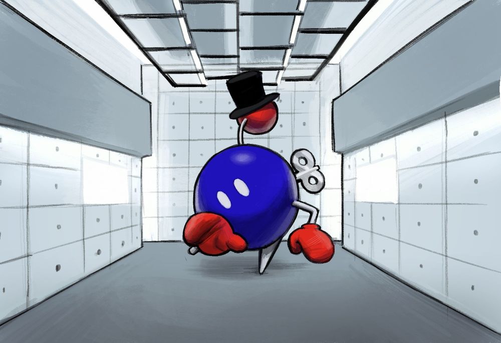 a blue chuckya (super mario 64) wearing a hat on its head ball thing (?) in the middle of approaching the camera, virtual insanity style