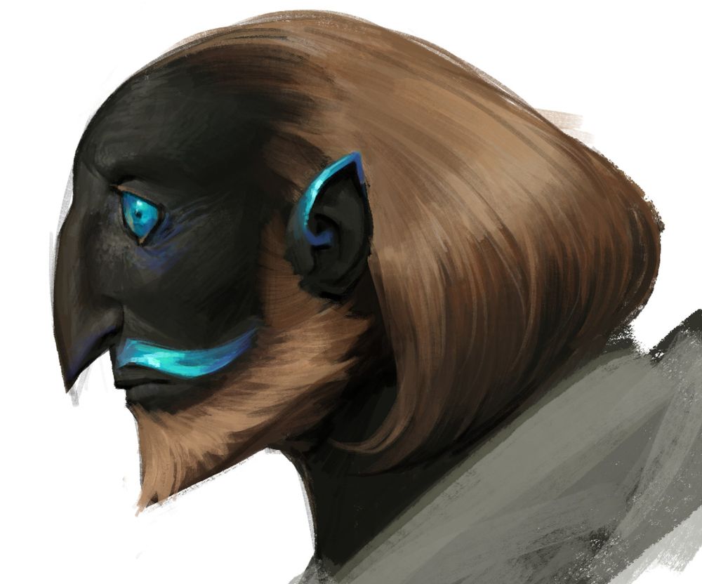 sideview of a man with light brown hair and beard, dark warm grey skin and cyan eyes, ears and mustache