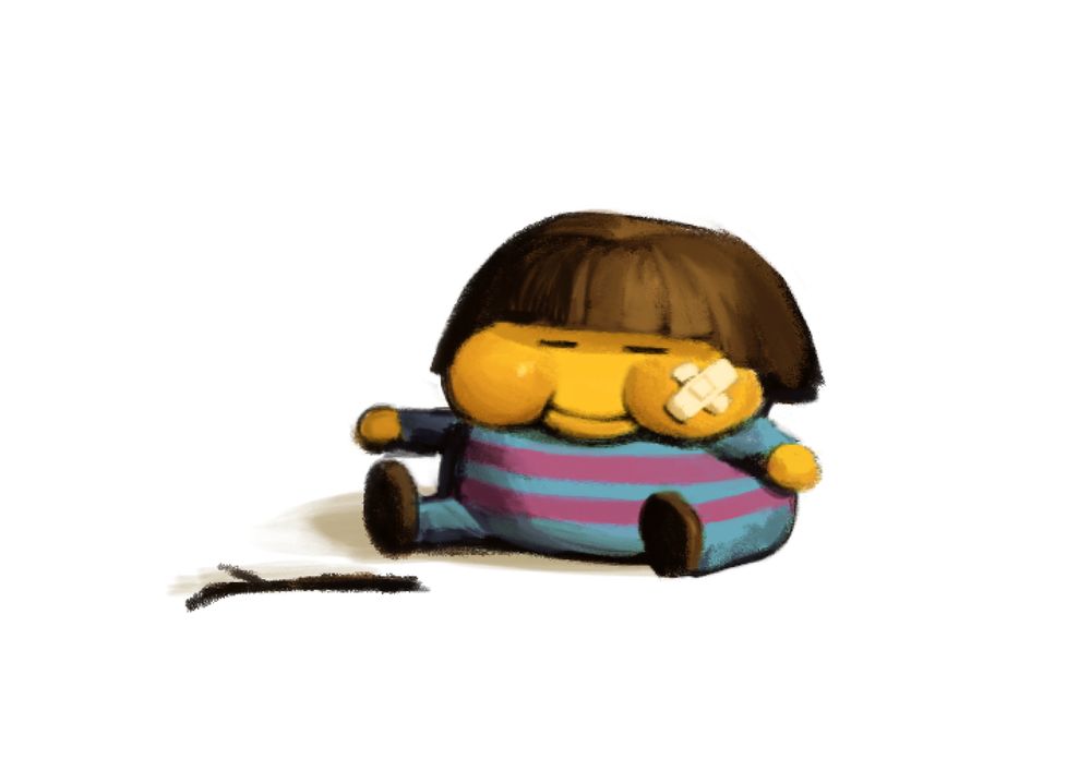 frisk (undertale) sitting next to a stick in a blank white void