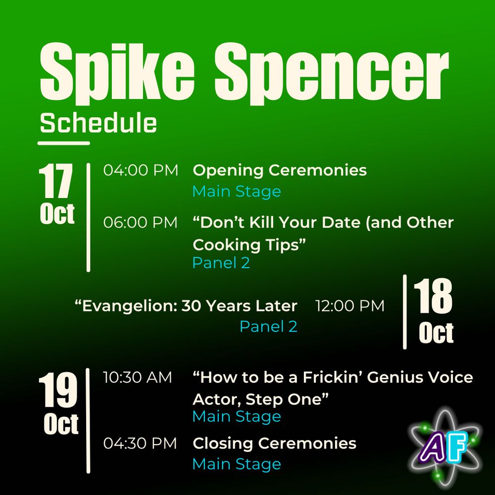Schedule for Spike Spencer, showing hours and panel names for every day of the con.