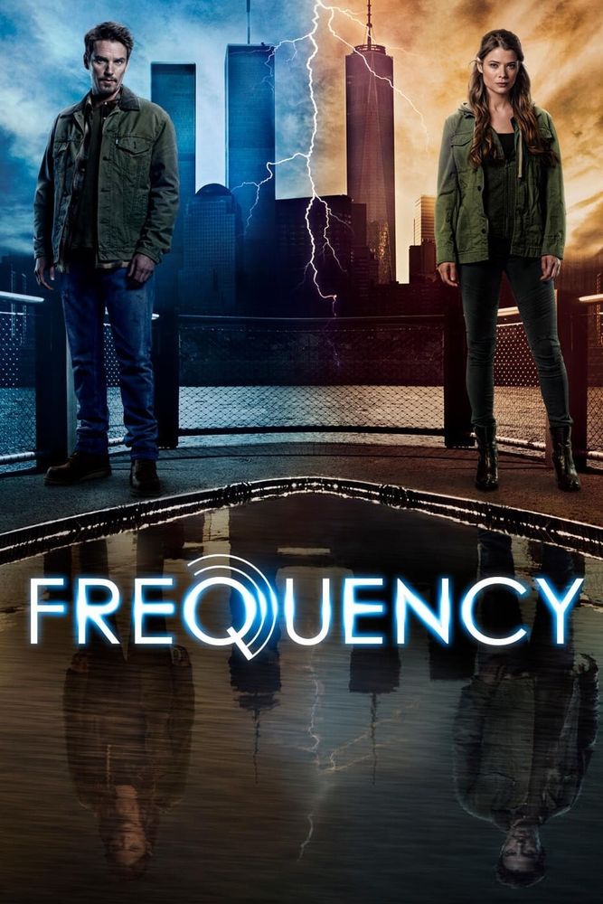 Promotional image for the TV show 'Frequency' showing the two main characters, the man on the left in the past and the woman on the right in the present.