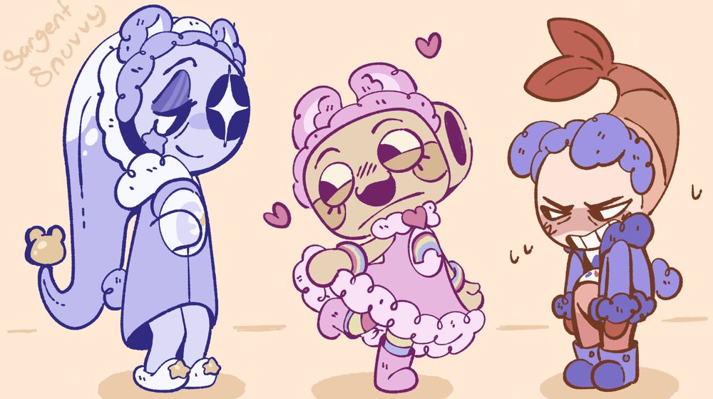 This image shows the three characters from dandy’s world (Astro, Shelly and shrimpo) all dressed up in their new care bear collab skins. Astro is wearing a bedtime bear themed skin, Shelly is dressed up a cheer bear, and Shrimpo as grumpy bear.