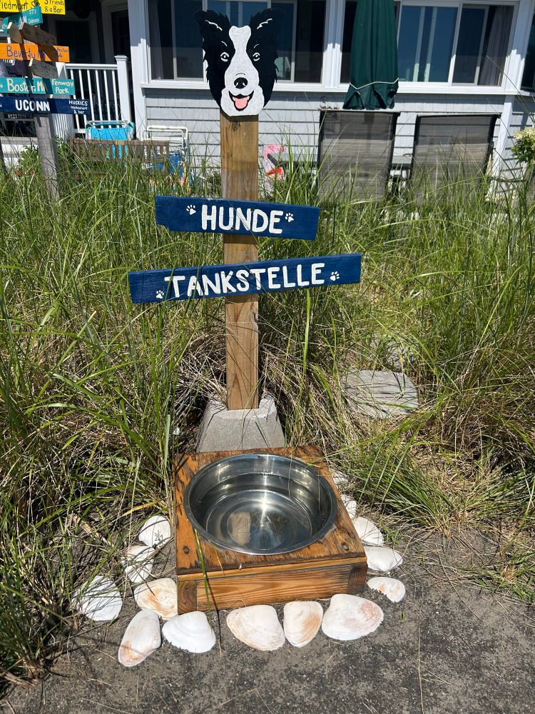 Dog water bowl, in German.