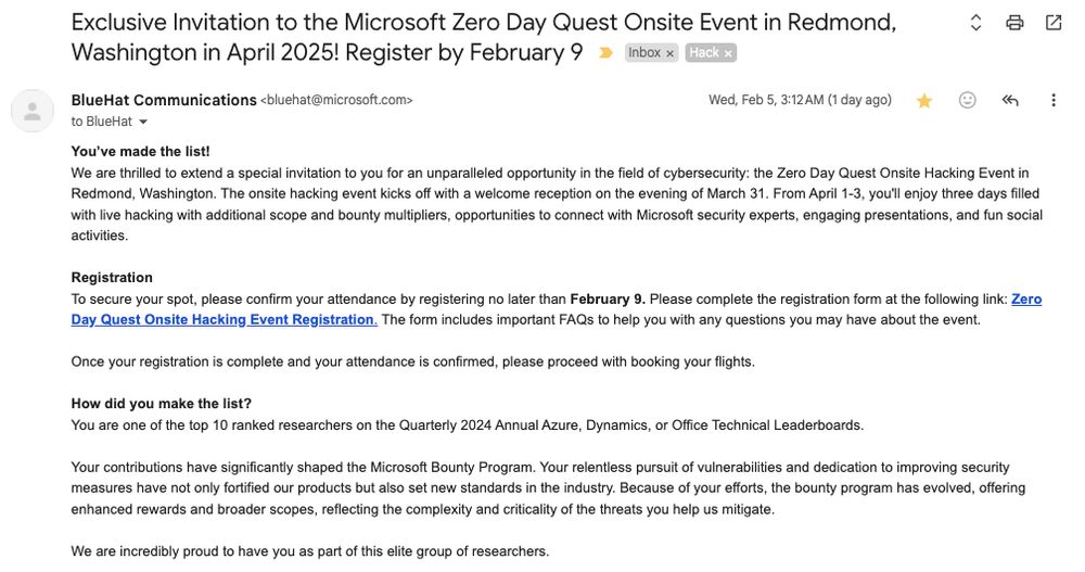 Invitation letter from Microsoft