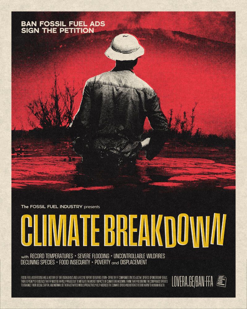 Movie poster. Person stands illuminated against a blood red sky with hills on fire, wading through a flooded landscape. Text at the bottom says 'The fossil fuel industry presents: Climate Breakdown'
