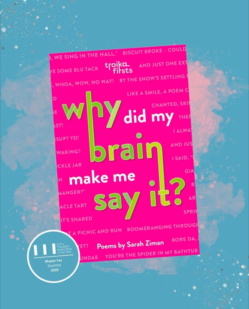 Hot pink book cover for Why Did My Brain Make Me Say It by Sarah Ziman, on a blue background 