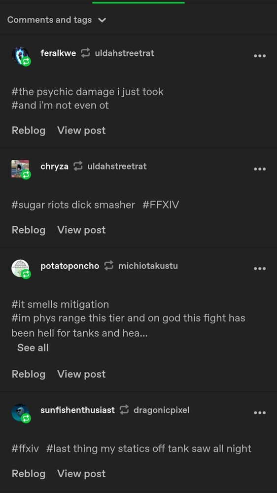 A list of Tumblr users requoting my post with flavor hashtags.