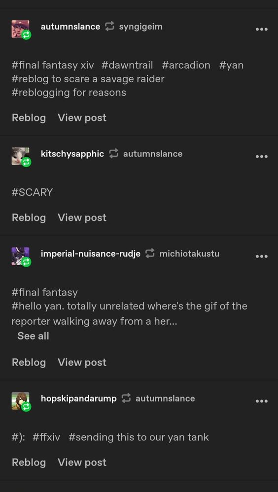 A list of Tumblr users requoting my post with flavor hashtags.