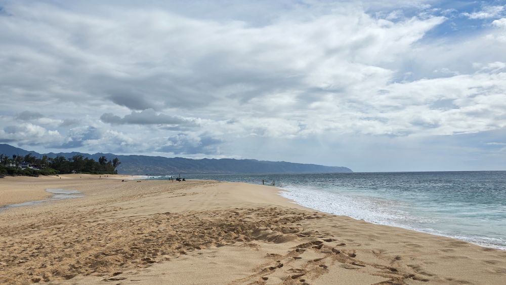 View of a beach shoreline with footprints in the sand and the ocean water crashing into the shoreline. 