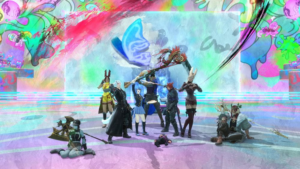 An 8-member raid group from Final Fantasy XIV Online in AAC Cruiserweight M2 (Savage) is celebrating in a group photo, with each person doing their victory pose.