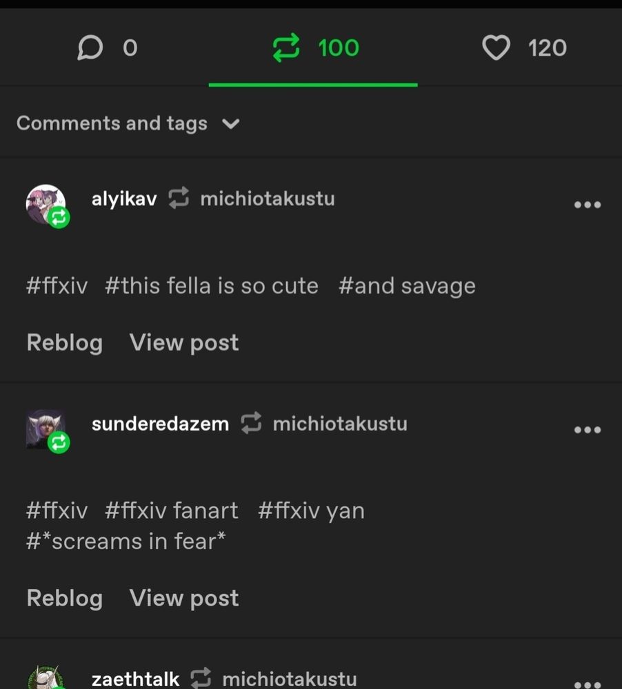 A list of Tumblr users requoting my post with flavor hashtags.