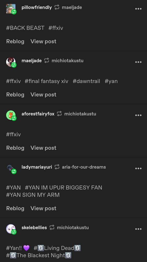 A list of Tumblr users requoting my post with flavor hashtags.
