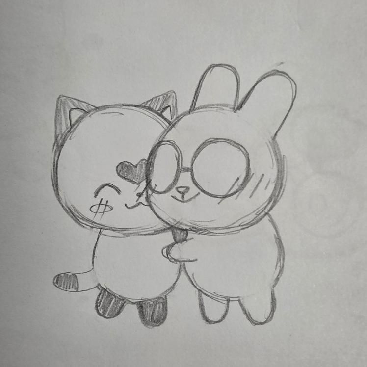 Doodle/sketch of new characters, a Siamese cat and a bunny, I am trying to draft – design 1.