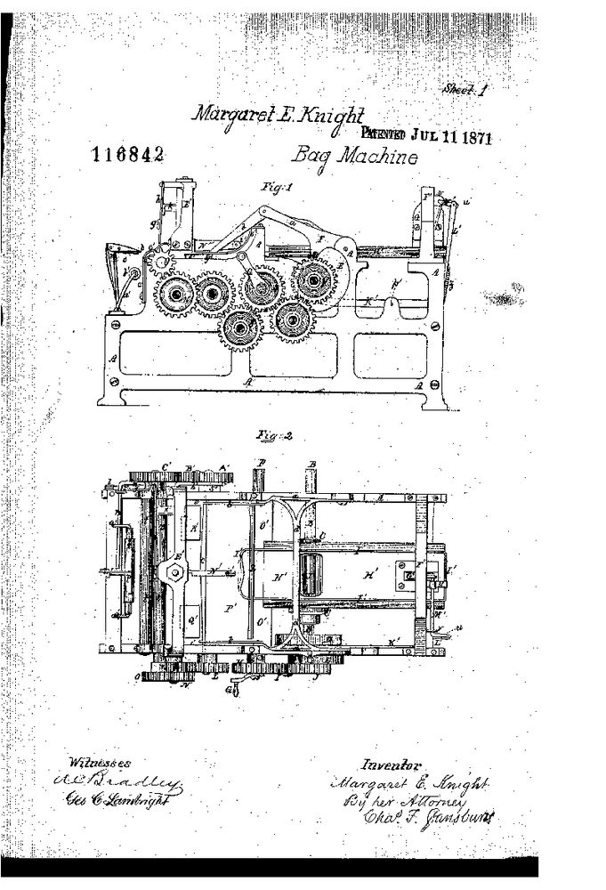 A technical drawings in black ink on white paper of the side of a paper bag making maching and a view looking down on the machine. Titled: Margaret E. Knight Bag  Machine and date stamped "Patented July 11 1871"