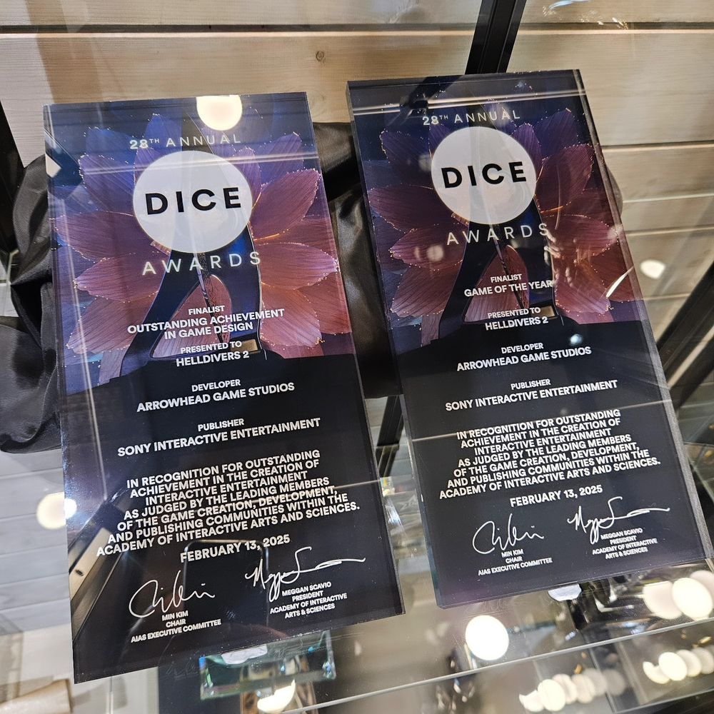 DICE Awards plaques for finalist positions.