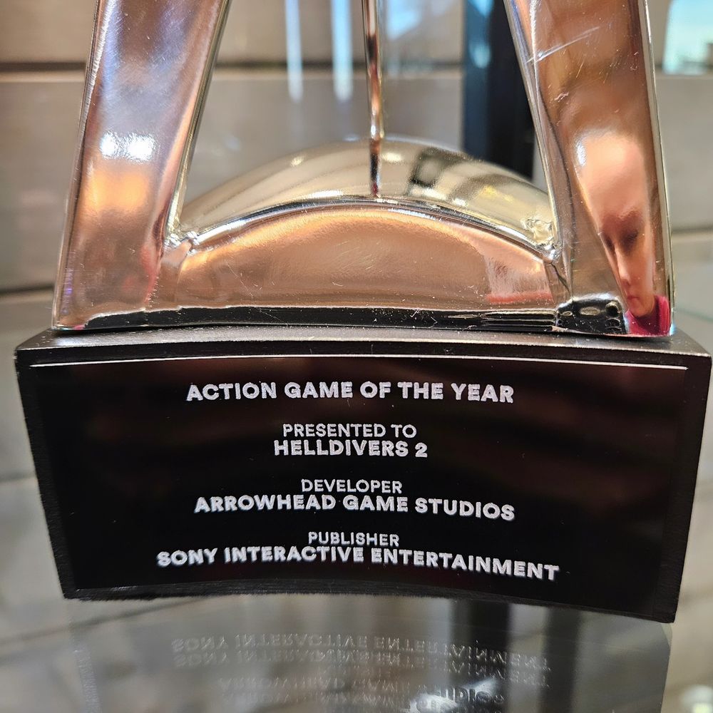 Close-up of DICE Awards trophy for Action Game Of The Year