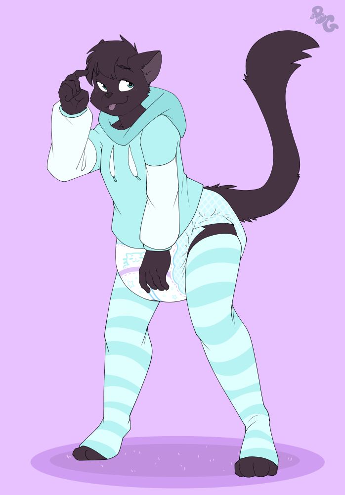 An adult anthro black cat standing and looking off to the side. He's wearing teal striped legwarmers and a matching teal hoodie. He's also wearing a a matching cat patterned teal diaper. He's scratching his head with one hand while the other hand covers the front of his diaper.