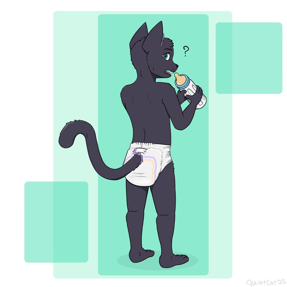 A black anthro kitten wearing only a diaper stands facing away from the viewer. It appears as if he was about to drink from the bottle held in his hands, but is now looking quizzically over his shoulder toward the viewer.