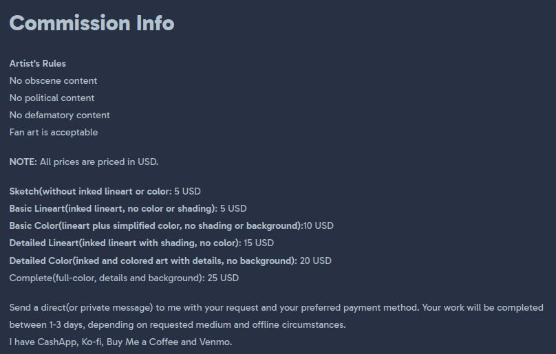 Send me a direct message for what you would like for me to draw for you and which payment method you will use to pay me with.  The rules are pretty simple: No obscene content, no political content, no defamatory content.  Fan art is fine, as long as it is not obscene!
Traditional art ONLY at this time, digital art MAY be in the future once I get better equipment.