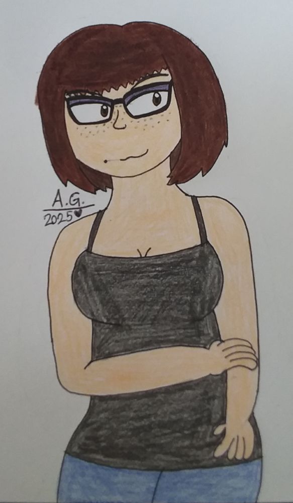 Self-portrait of me, myself and I, done in ink and colored pencils.  High time I did a new portrait of my persona, since it is 2025, and I gotta make a new one every year.