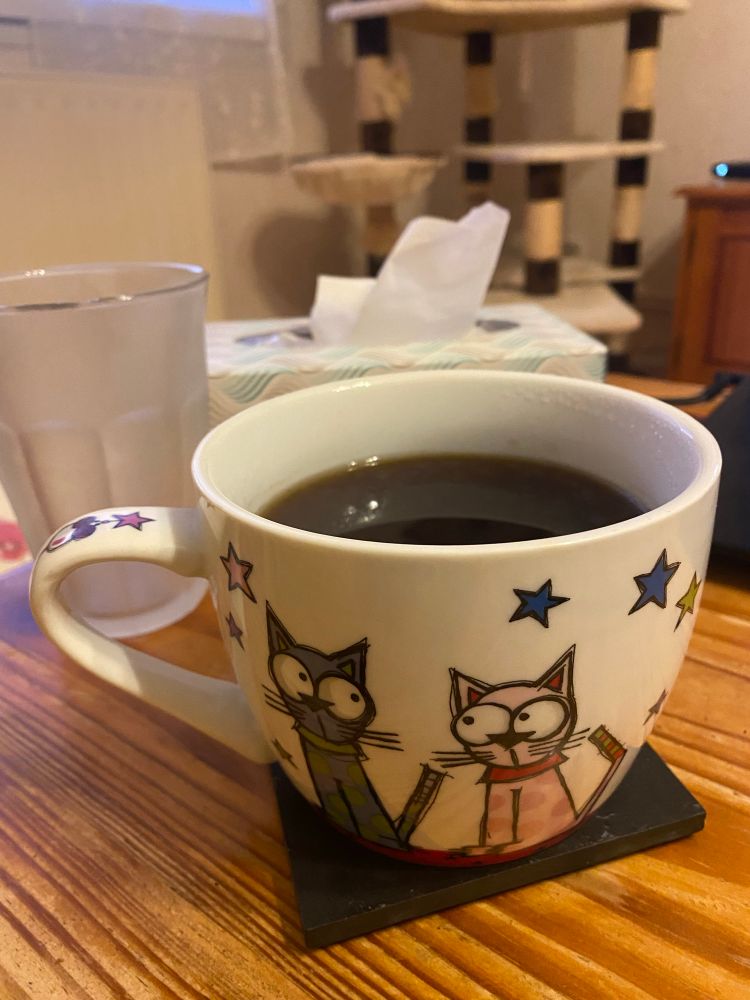 En gros plan, mon bol de café (j’ai repris l’addiction), dessus il y a des chats rigolos. En arrière plan, une boîte de mouchoirs et un verre d’eau. Sans oublier la salle de jeux pour chats aka l’arbre à chat.  