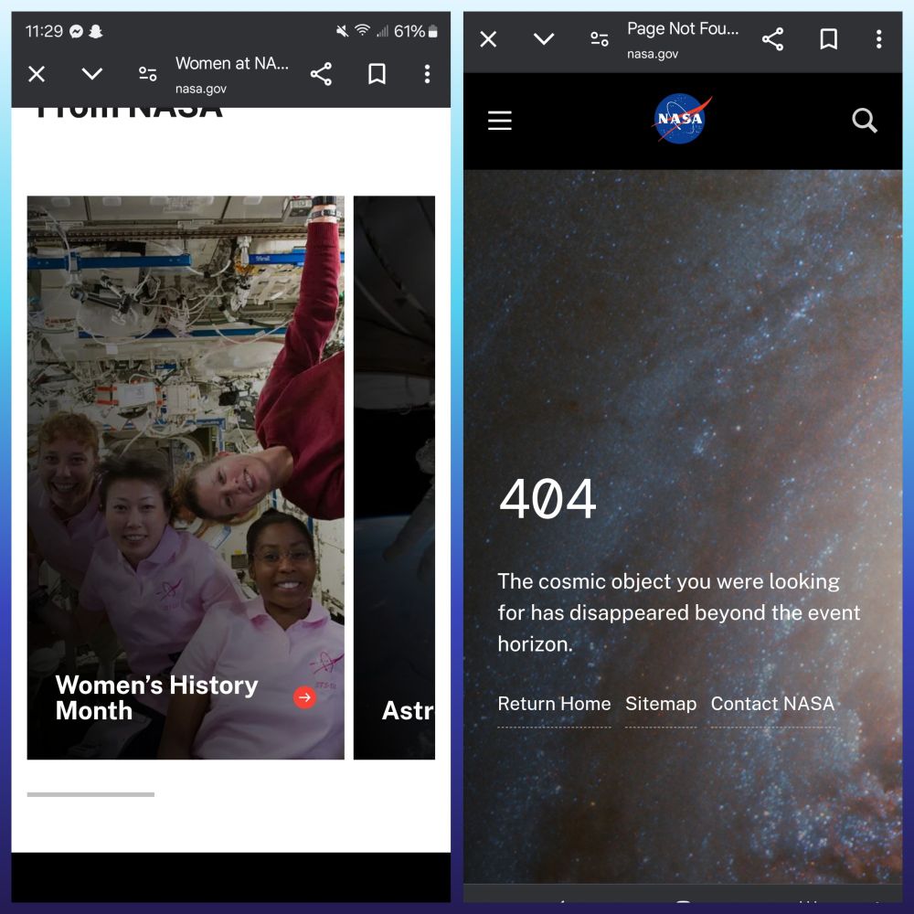 First image shows a picture and a link to women's History month. Second image shows a 404 page