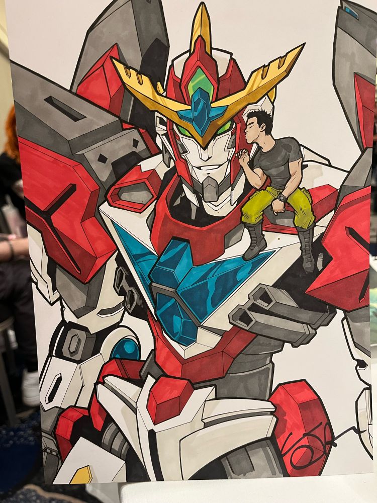 A colour drawing of Bravern being kissed on the cheek by his human companion, Isami.