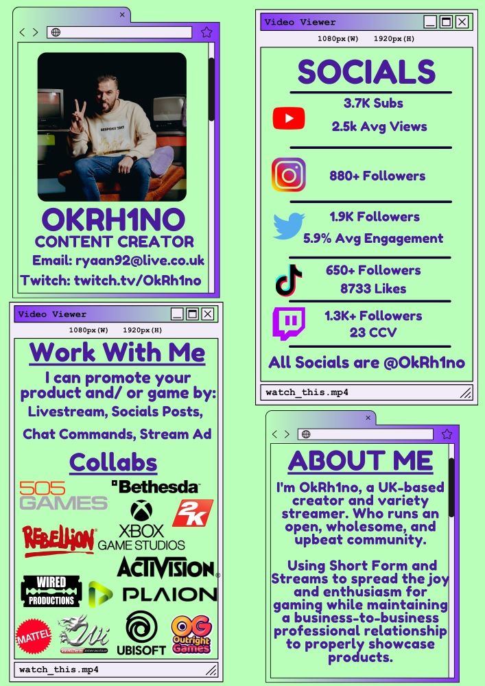 OkRh1no, Content Creator Information Deck. 
Socials with Youtube, Instagram, Twitter, TikTok, and Twitch logo's. 
About Me section and Worked with & Collabs section.
Also picture of OkRh1no with TV's in background displaying his link to Twitch. Twitch.tv/OkRh1no.