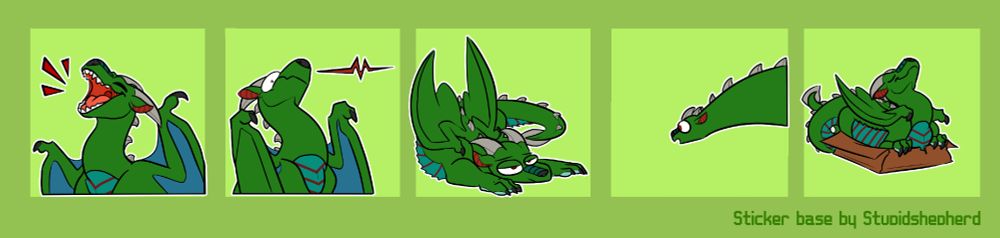 A set of 5 stickers featuring a green dragon. The five poses are the dragon making noise, the dragon shocked, the dragon lying down with low energy, the dragon peeking in surprise, and the dragon sitting in a cardboard box.