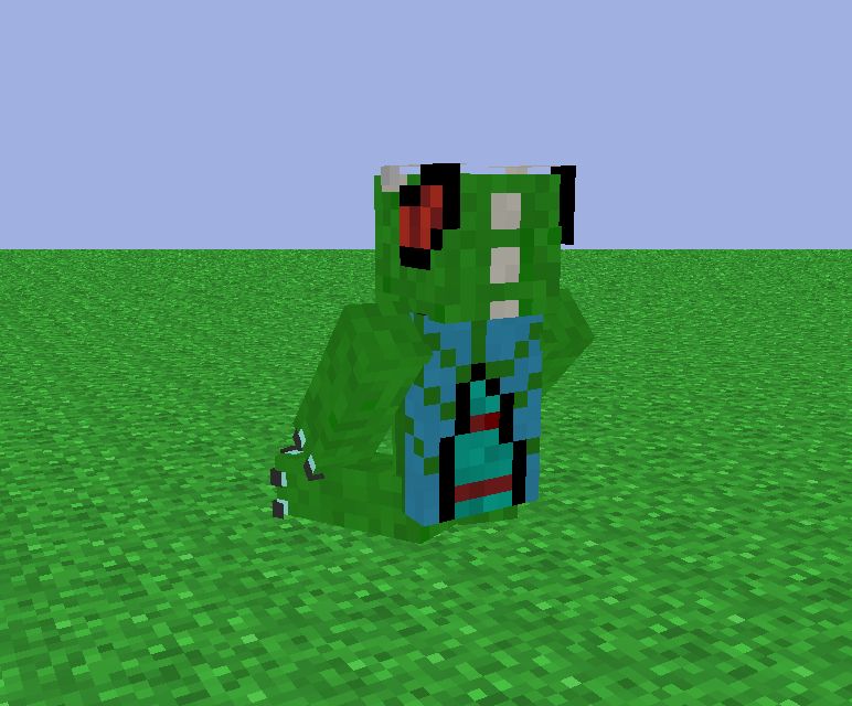 A green dragon Minecraft skin in a sitting pose facing away from the camera on a flat grassy world, showing their tail and wings.