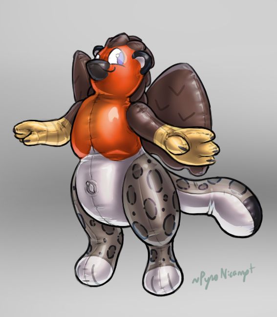Digital artwork of an anthro gryphon pooltoy. The gryphon is a combination of a european robin and a snow leopard and is smiling at the viewer with arms outstretched.