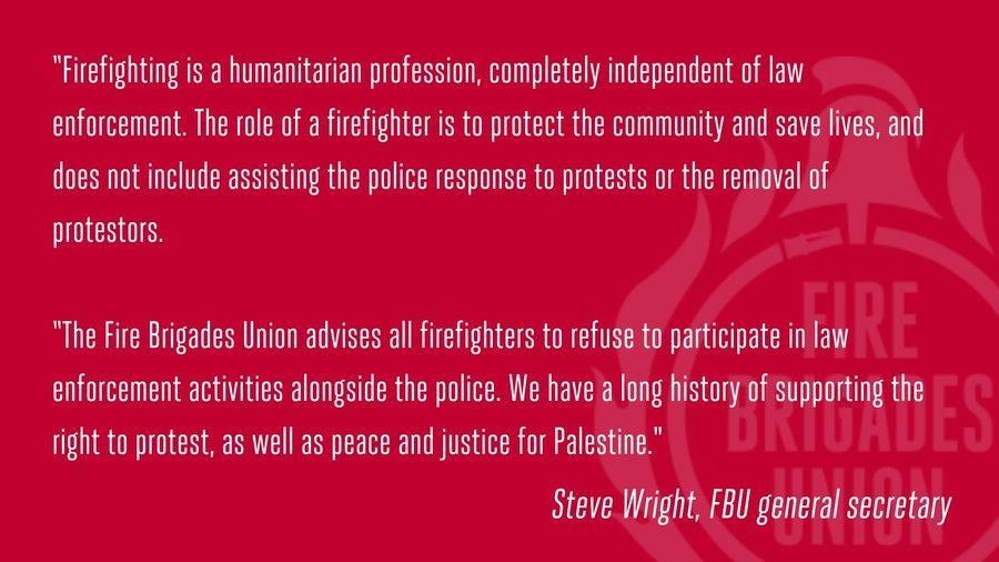 A summary of text.

Firefighters are humanitarian professional. They save lives. They are not political tools to use against protesters.