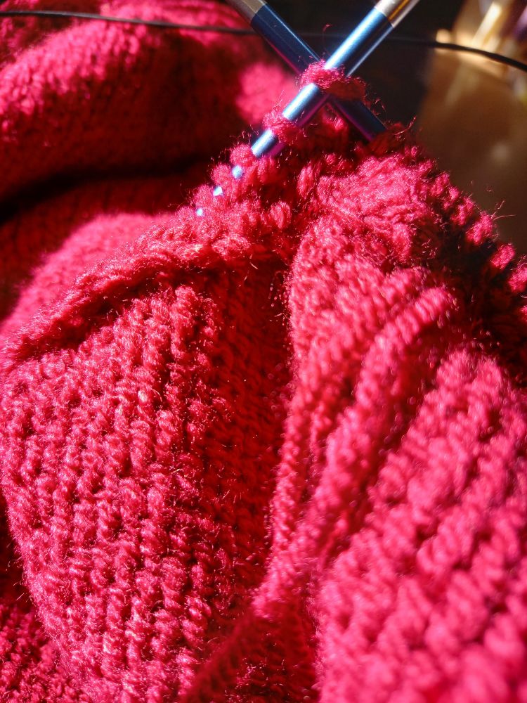 Photo shows the inside of my big red cardigan, showing the button band in progress.