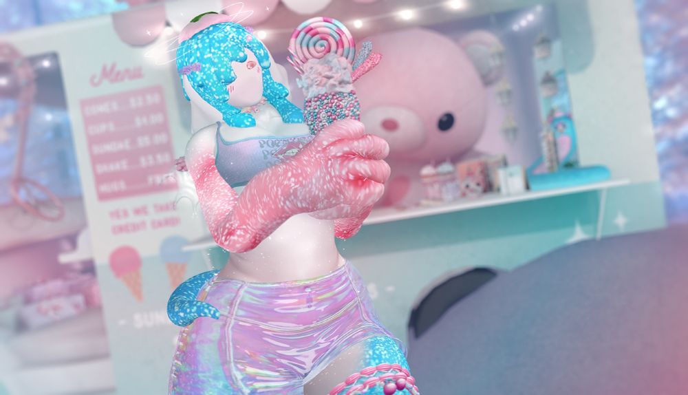 he/they/it || a secondlife photo of a faceless gumdrop humanoid holding a heavily decorated milkshake. while their torso and face are white, they have sparkly blue slime-like hair that matches the blue visible on their thighs, and a little matching blue tail. their arms are made of a similar material though are instead pink, and their hands are somewhat misshapen and large. while their face is completely void of a nose or mouth, they appear to have one visible pink gumdrop eye, and a blue one partially hidden by the bangs of their dripping hair. there are three lines of blush beneath each 'eye'. they look to be walking away from an ice cream truck with their sugar-loaded sweet treat!