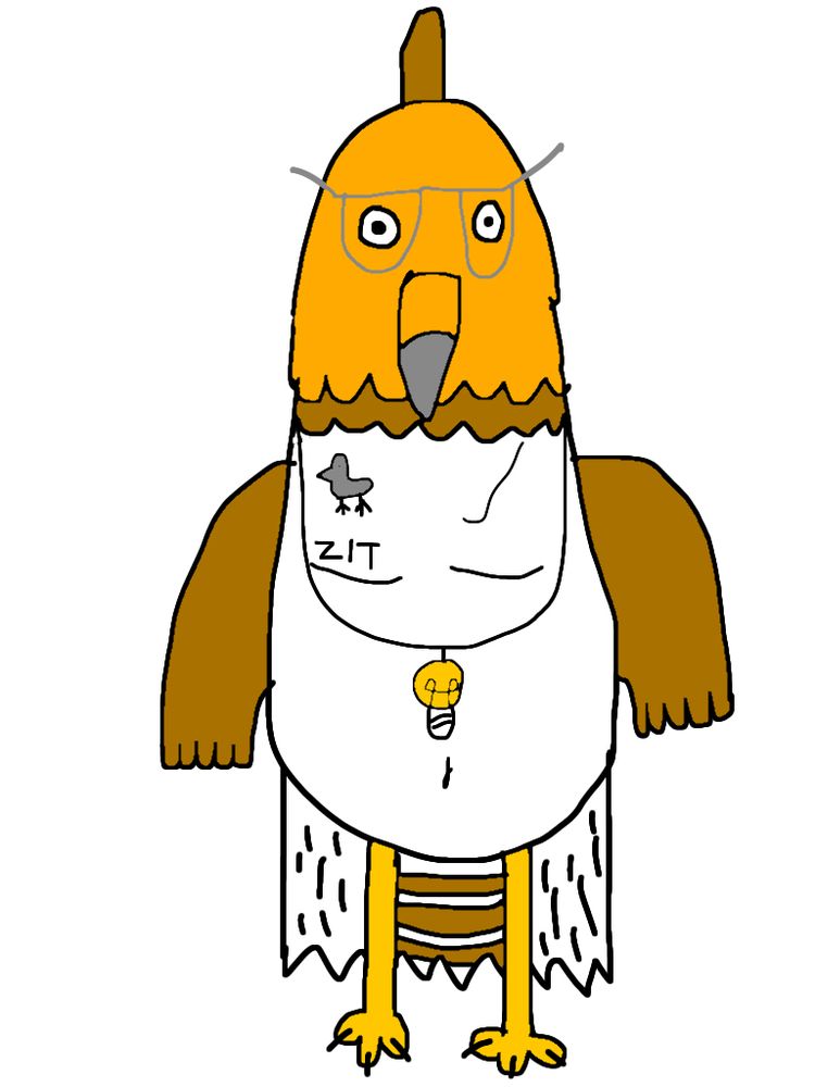 Koe is a chubby Haast's eagle. He wears a lightbulb necklace, grey glasses, and has a tattoo on his right chest depicting a bird and “ZIT” below.