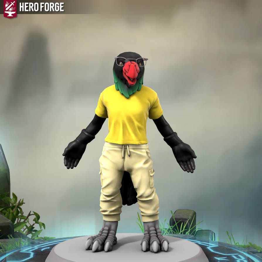 A reconstruction of Scissors (using a raven humanoid body) in Hero Forge. He wears tan coloured cargo trousers and a plain yellow t-shirt.