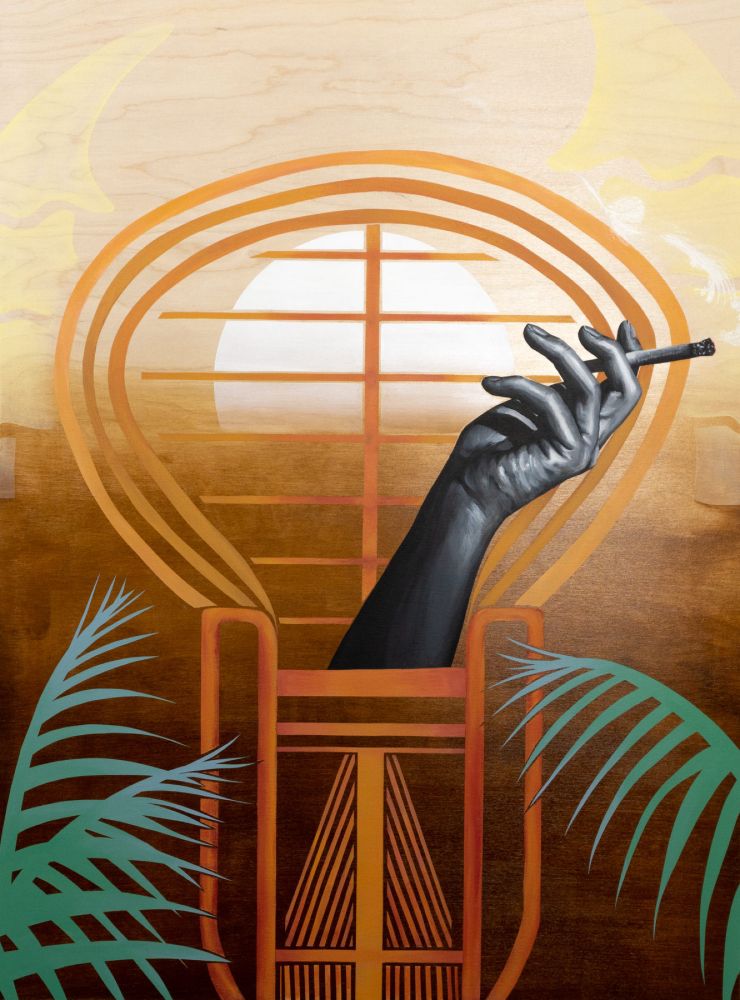 Painting of a black and white hand with a cigarette sitting in an orange peacock chair, with palm leaves at the bottom of the chair, and a setting sun in the background 
