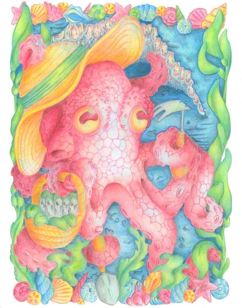 Pink octopus in a yellow straw hat gardening underwater near it's babies